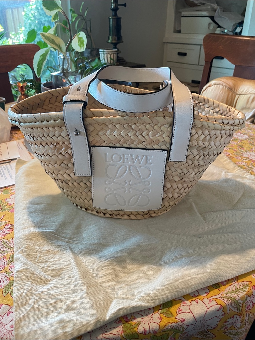 Loewe Small Basket Bag in Palm Leaf with White Calfskin